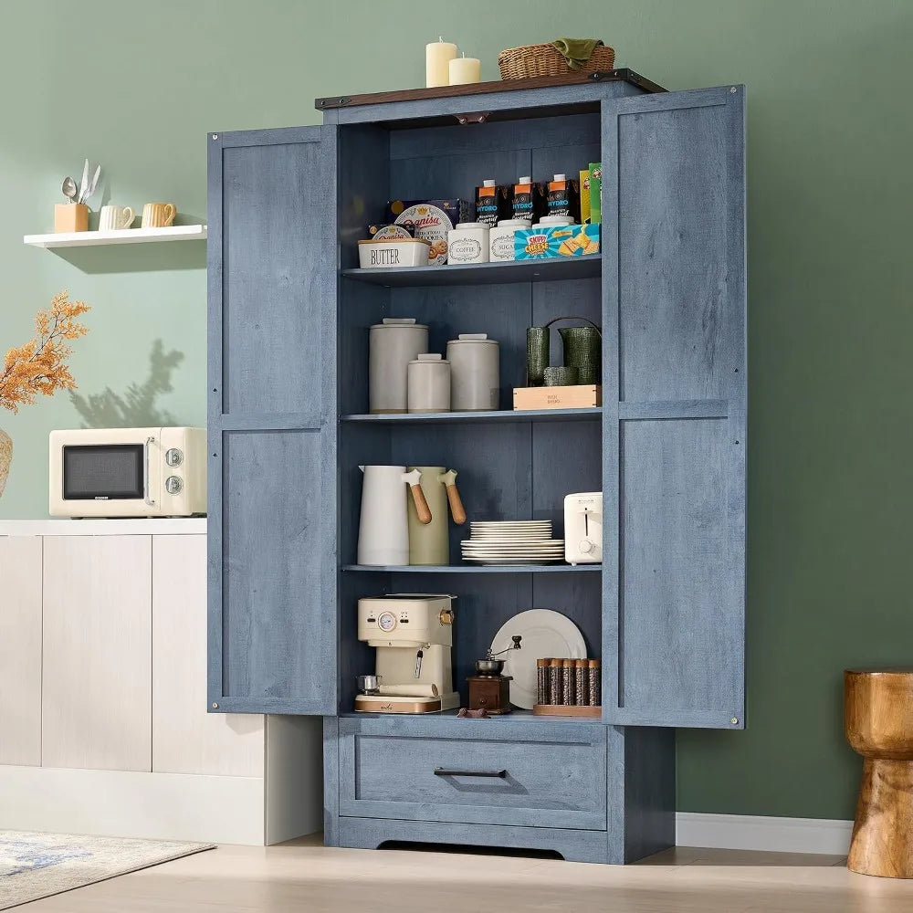 72" Farmhouse Pantry Cabinet, Wood Storage with Adjustable Shelves, Barn Doors & Drawer, Rustic Blue