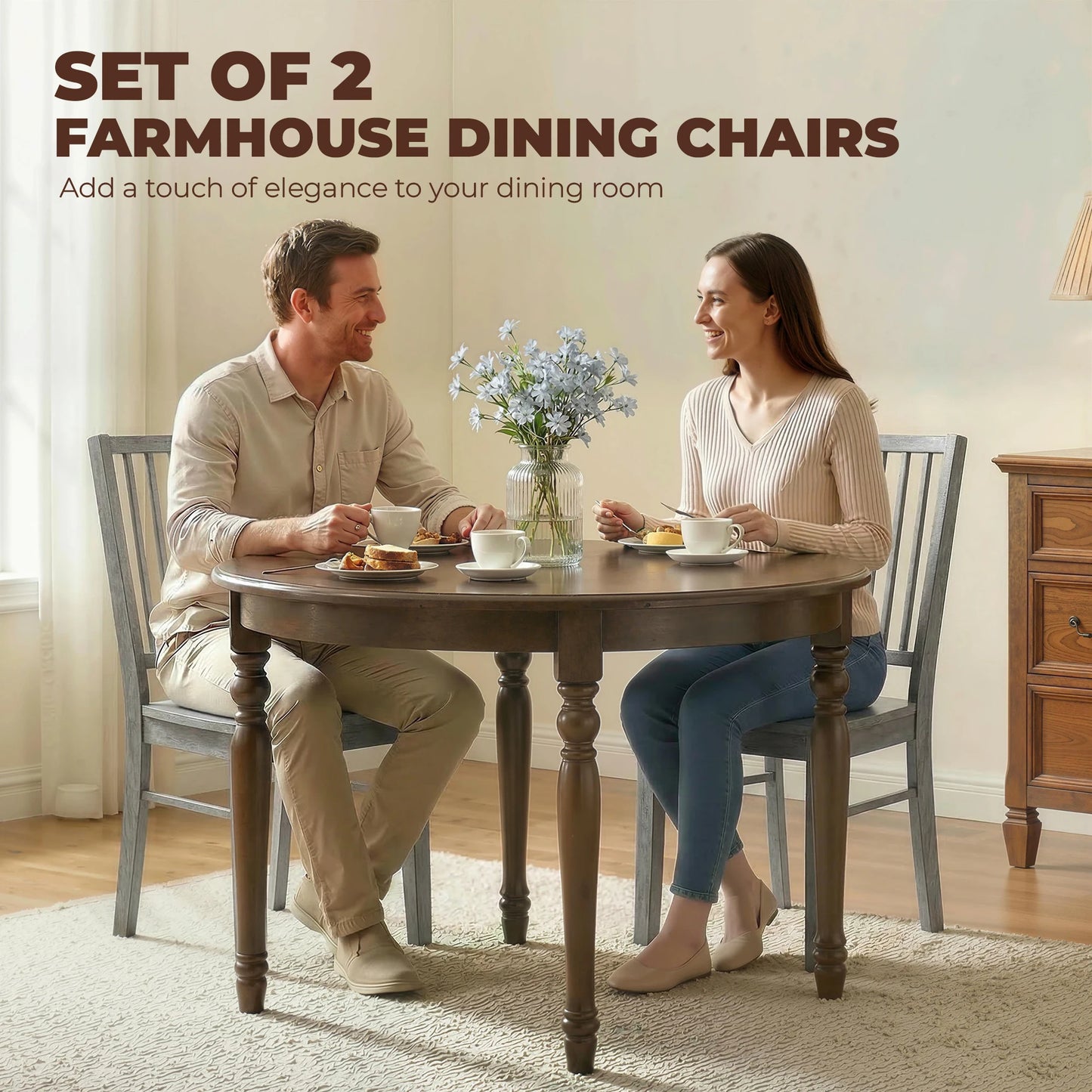 Homcom Farmhouse Dining Chairs Set of 2, Ergonomic Solid Wood Armless Kitchen Chairs with Rubberwood Legs for Dining Room, Kitchen, Rustic Gray