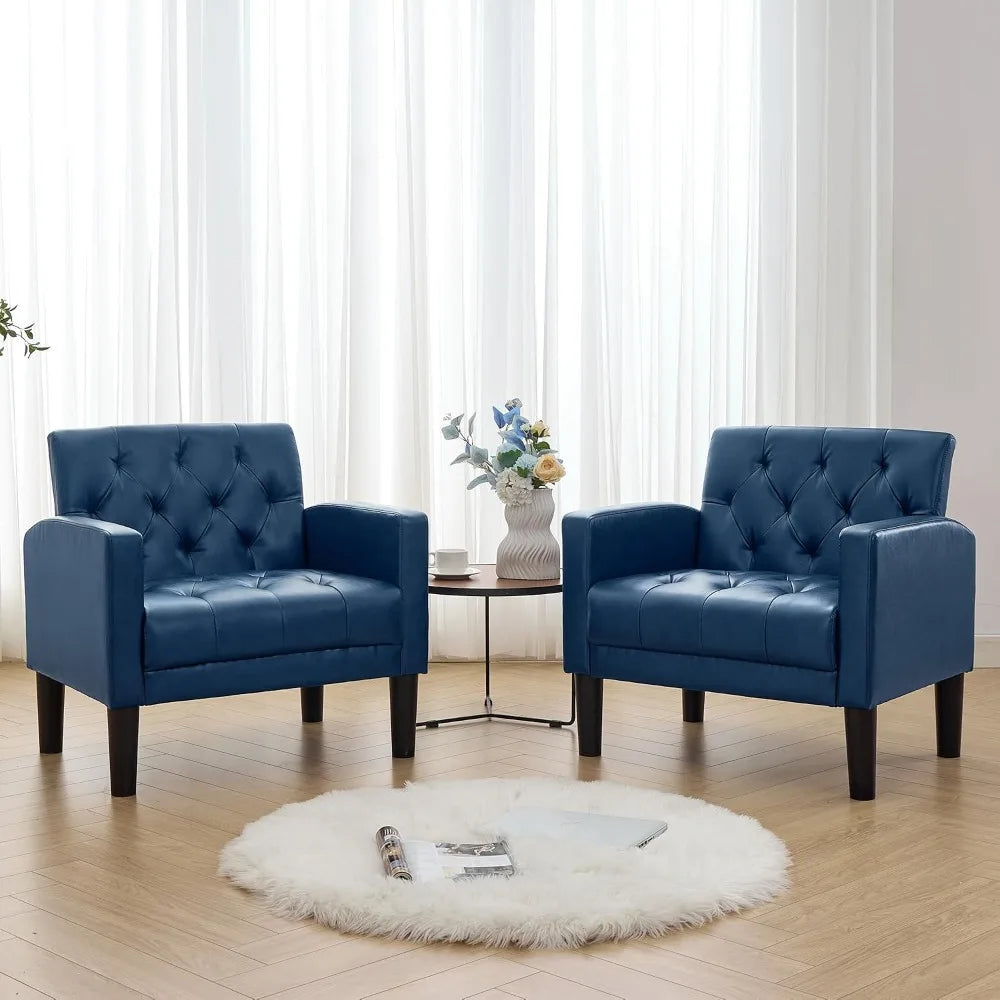 Accent Chairs Set of 2, Comfy Living Room Chair Leather Tufted Mid Century Modern Armchair for Office Bedroom, Blue