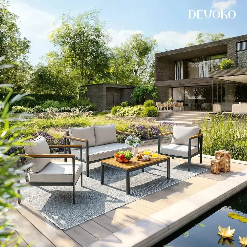 4 Pieces Patio Furniture Sets Outdoor Conversation Set Acacia Wood Sofa Set with Coffee Table Thicker Sponge Cushion