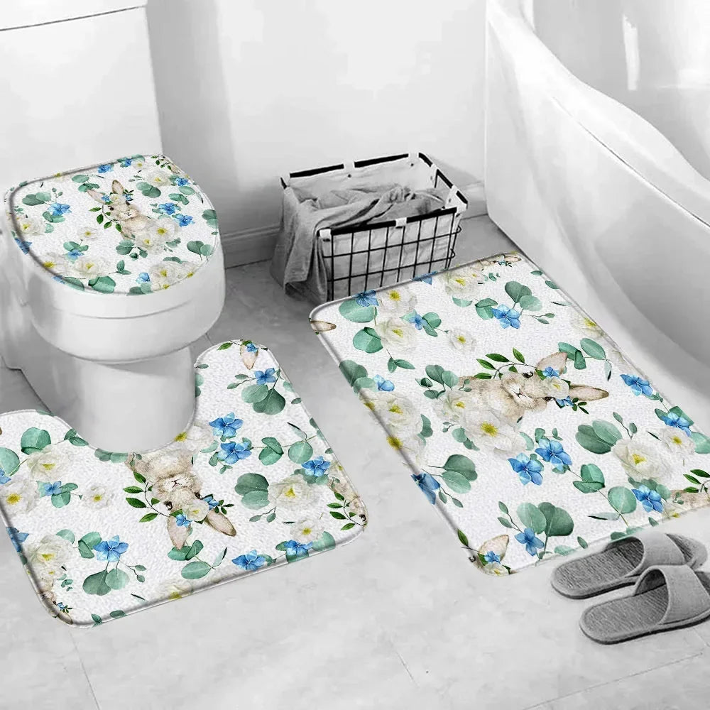 Happy Easter Bath Rug Set With Bunny Truck Eggs Decor