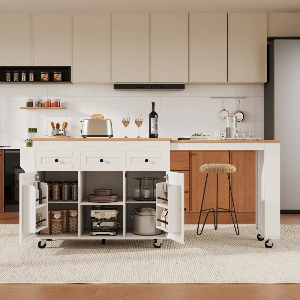 K&K 85.5" Kitchen Island with Extendable Dining Table, Kitchen Storage Table with 3 Side Open Shelves, Rolling Kitchen Island with Power Outlet, 3 Drawers, 2 Doors, for Kitchen, Dining Room, White