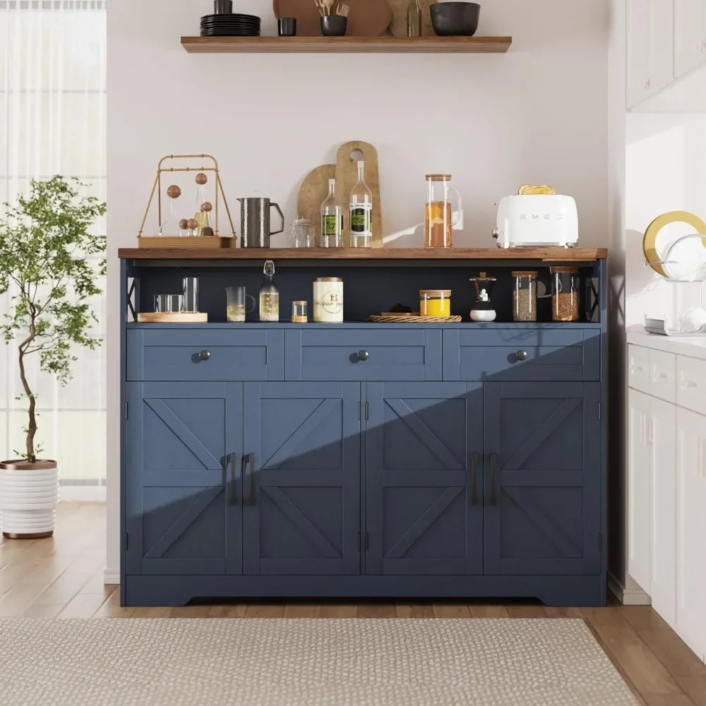 Farmhouse Buffet Cabinet With Drawers And Open Shelf Storage