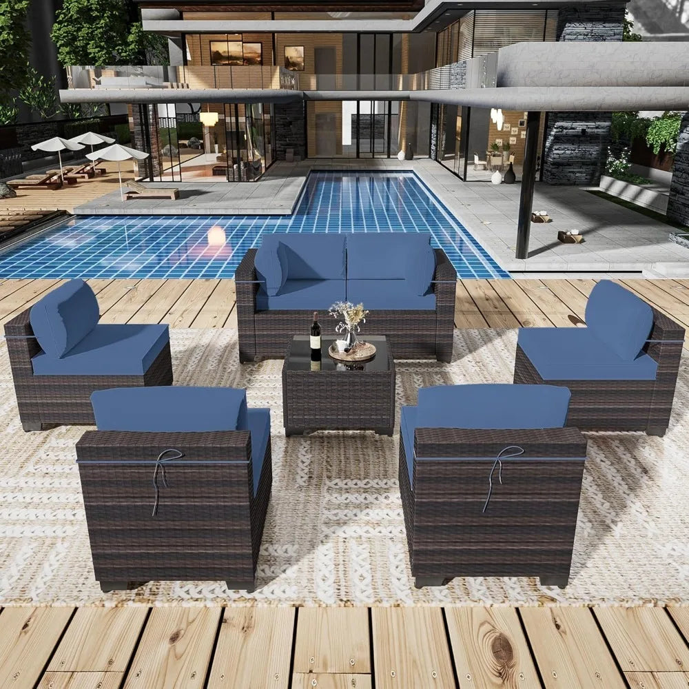 7-Piece Outdoor Patio Sectional Sofa Set All-Weather PE Rattan Conversation Set with Tempered Glass Table and Navy Blue