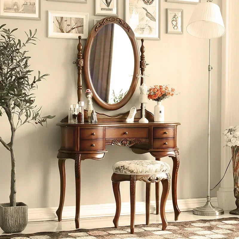 Mirror Table Bedroom European Solid Wood Dresser Amercia Princess Furniture Dark Villa Luxury Carved Makeup Table Dressing Table