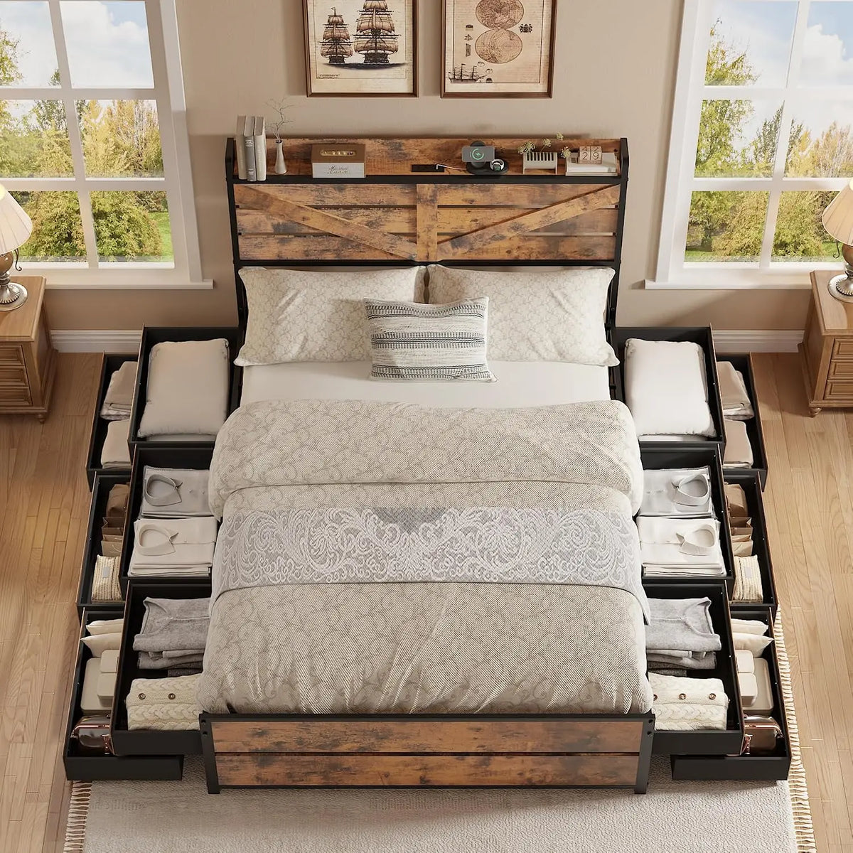 Wooden Platform Bed Frame With Storage Drawers And Charging Station