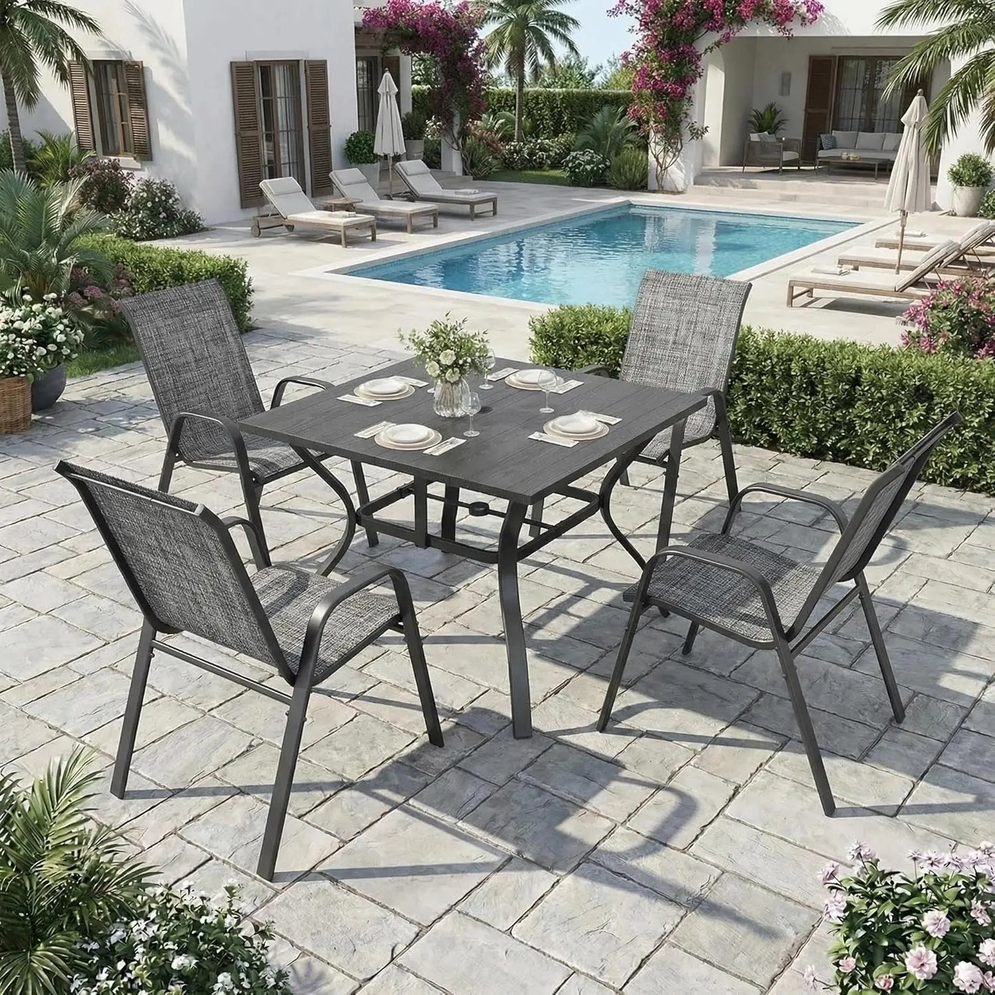 Outdoor Dining Set With Adjustable Umbrella Hole And Heavy Duty Metal Frame