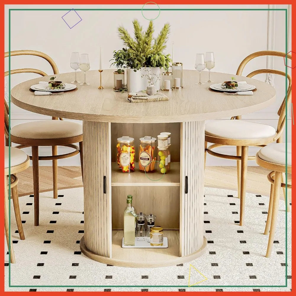 Round Dining Table For 4-6 With Storage Shelf And Wood Slide Door In Oak