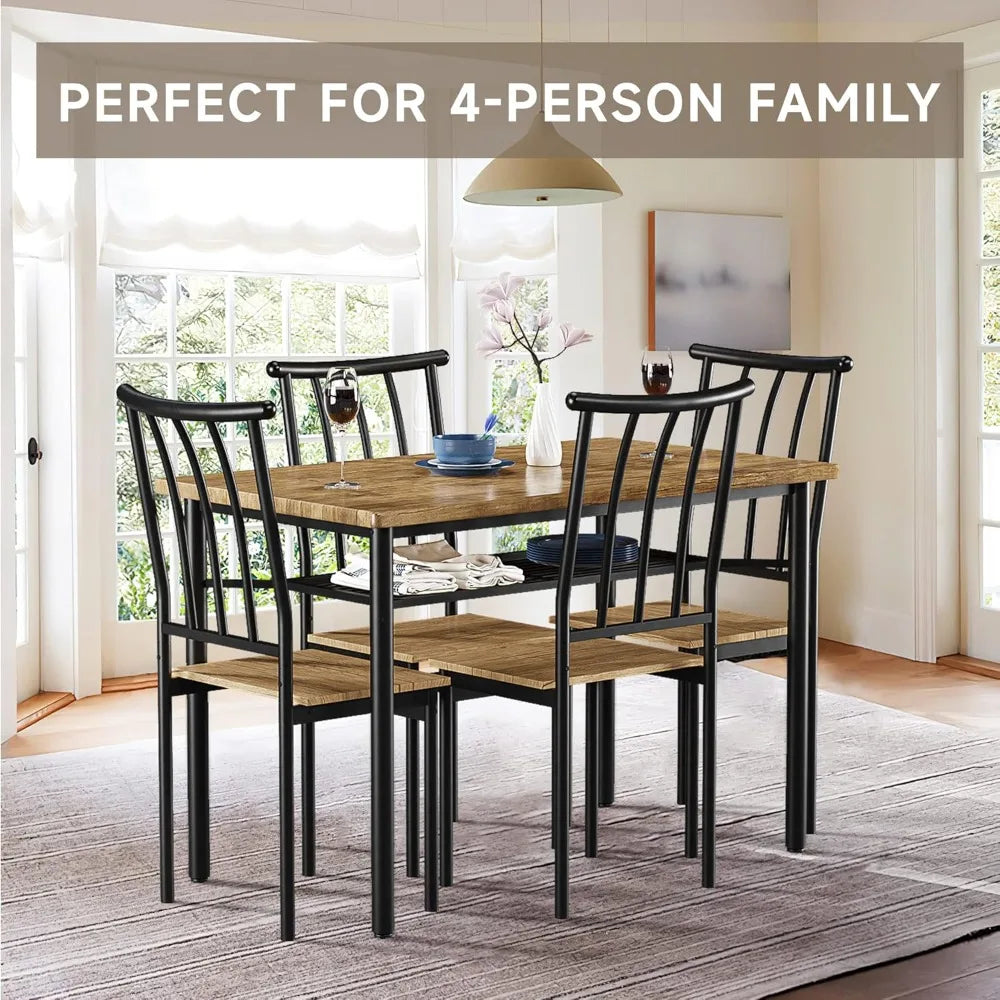 5 Piece Rectangular Dining Table Set for 4 with Chairs and Storage Rack Rustic Brown Metal Wood Kitchen Dinette Room