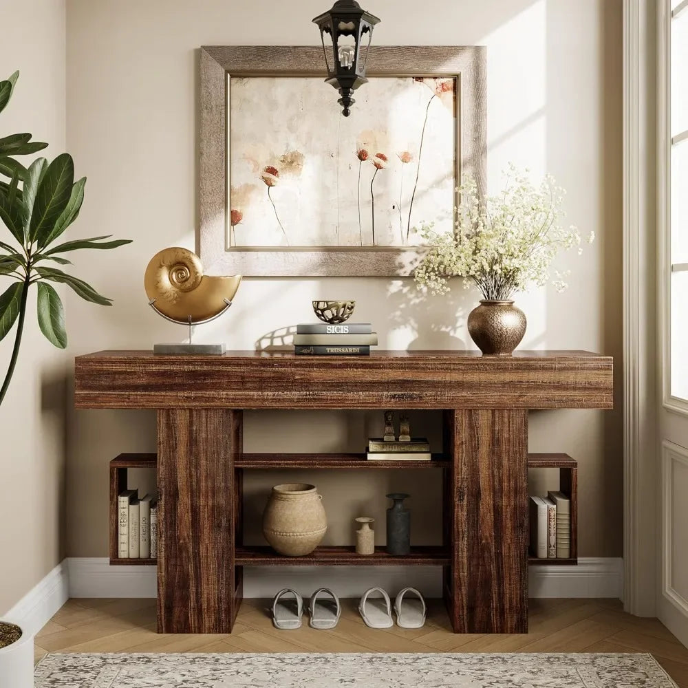 63 Inch Console Table with Storage, Narrow Sofa Table Behind Couch, Farmhouse Entryway Table for Living Room, Rustic Brown