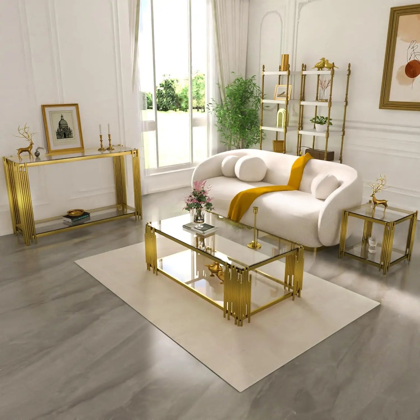 Glass Console Table With Metal Frame And Two Tier Shelf