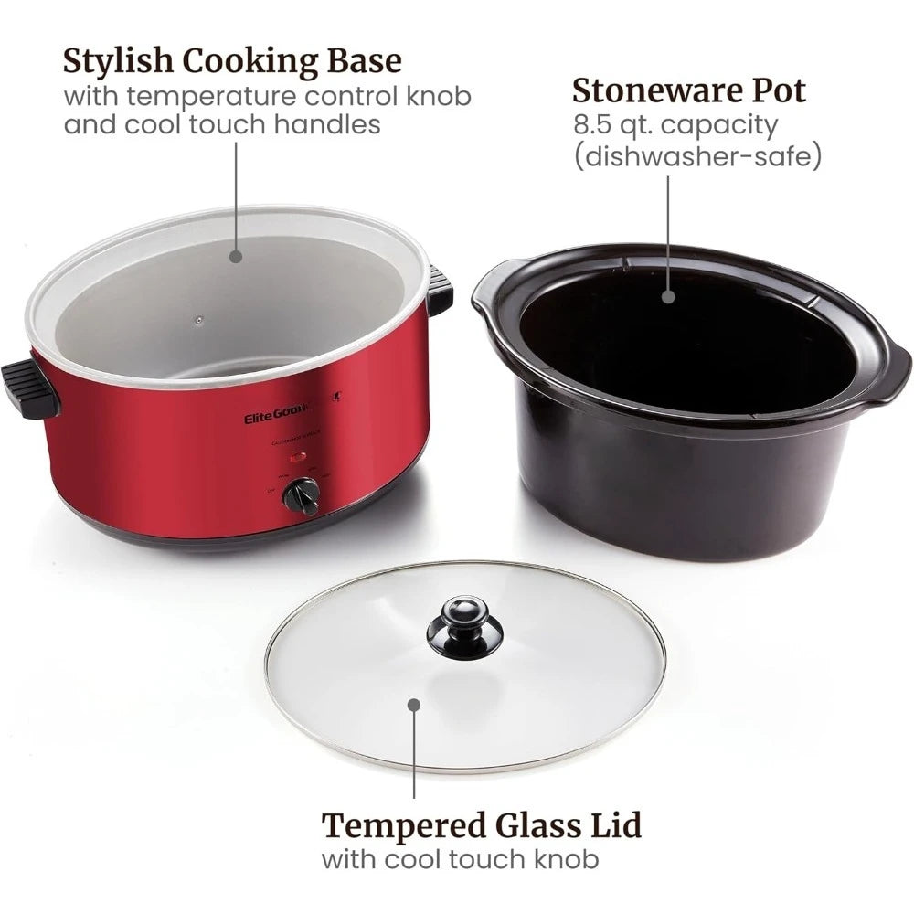 Seatings Large 8.5 Quart Electric Slow Cooker Pot, Adjustable Temperature for Stews, Sauces, Dips, Glass Lid, Dishwasher Safe,