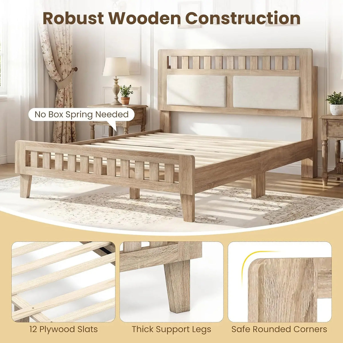 Wood Full Size Bed Frame Upholstered Headboard Platform Slat Support Storage No Box Spring Oak, Customized