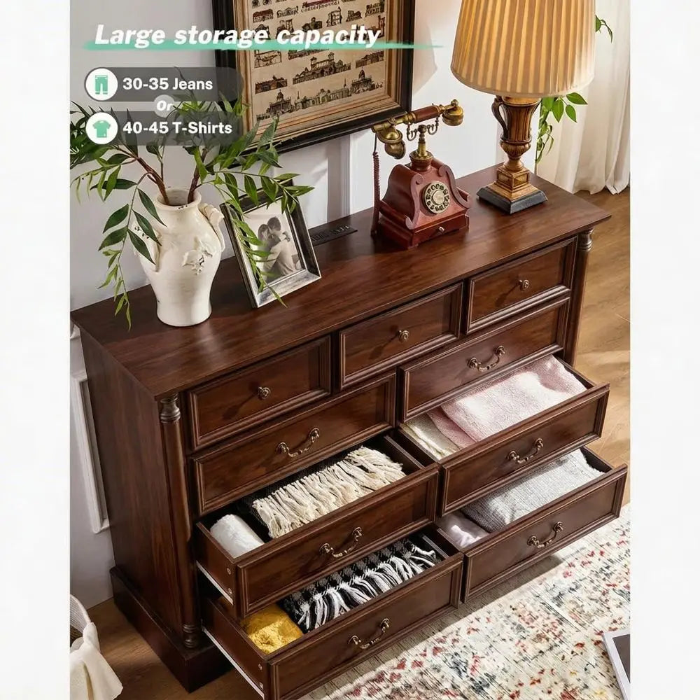 Rustic 9-Drawer Dresser With Built-In Charging Station