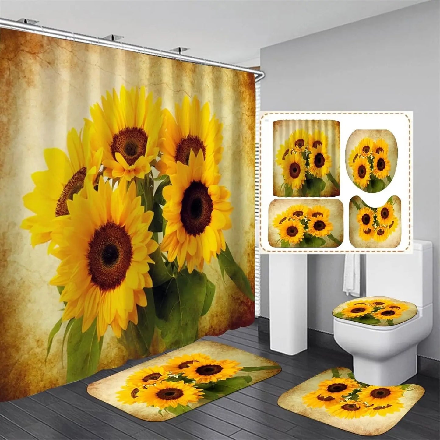 4 Piece Sunflower Shower Curtain Set - Yellow Floral Flower Bathroom Decor - Washable Fabric Curtain - Rugs and Toilet Lid Cover