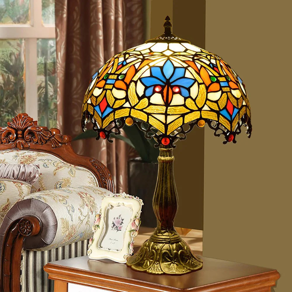 European Tiffany Style Stained Glass Table Lamp Grape Motif