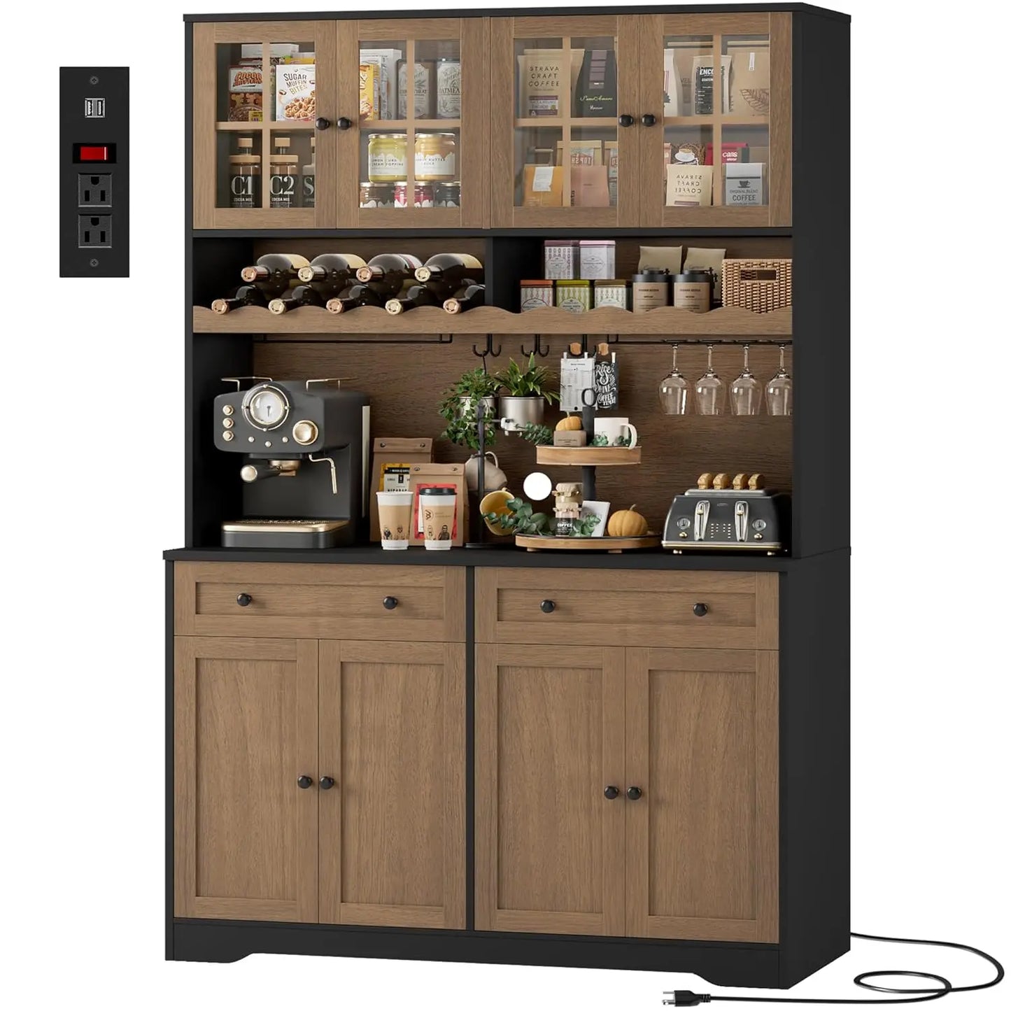 75.4" Tall Kitchen Pantry Cabinet with Charging Station, Modern White Kitchen Hutch with Microwave Stand and Wine, Customized