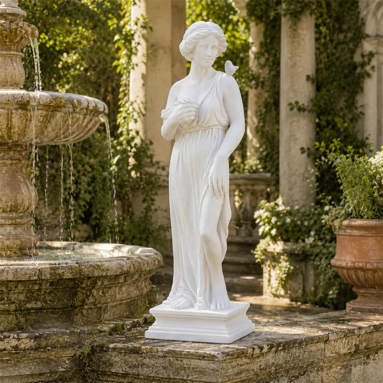 31.5 Inch Tall Greek Goddess Garden Statue, All Weather MgO Outdoor Sculpture with Handcrafted Aged Stone Finish, Floral Bouquet Bird Detail Greek Column Base, Paintable Fade Crack Resistant Mythological Yard Art for Lawn Pat