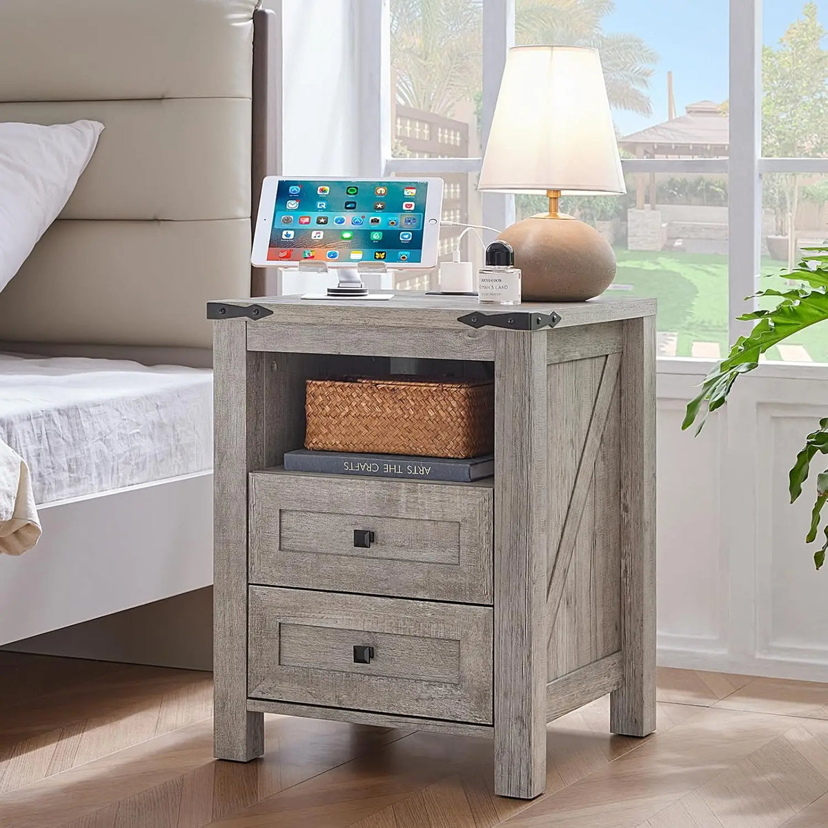 Set Of 2 Farmhouse Nightstands With Charging Station
