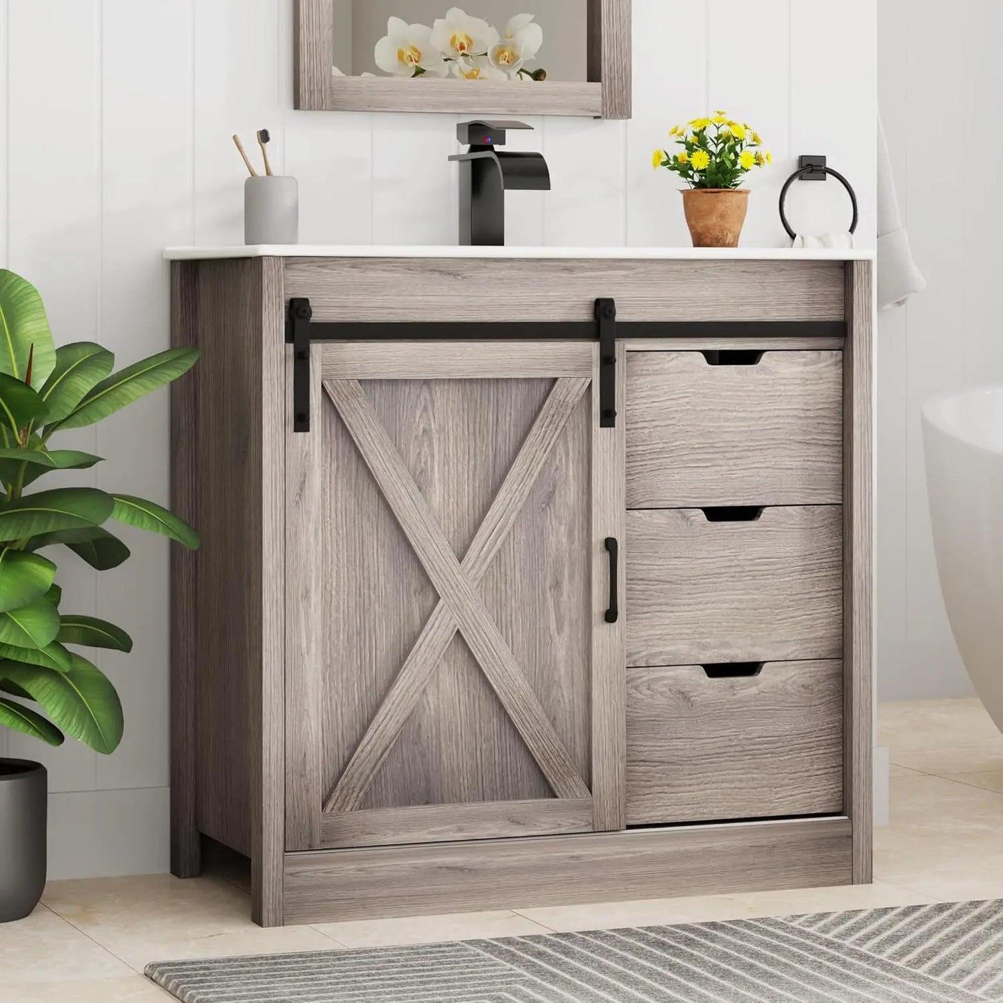 36 Bathroom Vanity Sink Faucet Mirror Farmhouse Cabinet Barn Door Drawers Bath Storage Grey, Custom