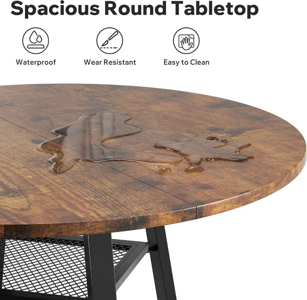 Round Dining Table With Storage Shelf And Modern Metal Legs