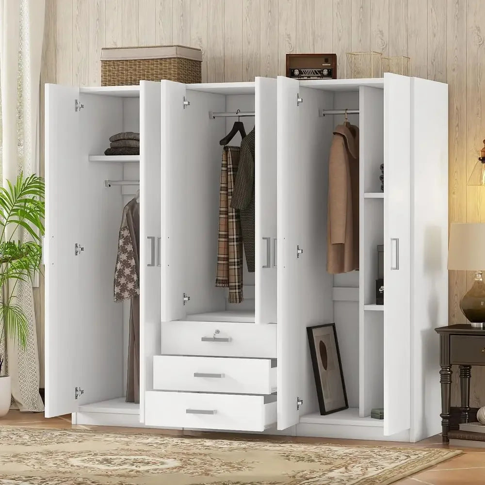 Large White 6 Doors Wooden Wardrobe, Bedroom Tall Armoire Closet Organizer with Big Drawers, Hanging Rails and Shelves, Clothes