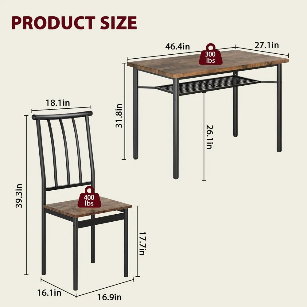 5 Piece Rectangular Dining Table Set for 4 with Chairs and Storage Rack Rustic Brown Metal Wood Kitchen Dinette Room