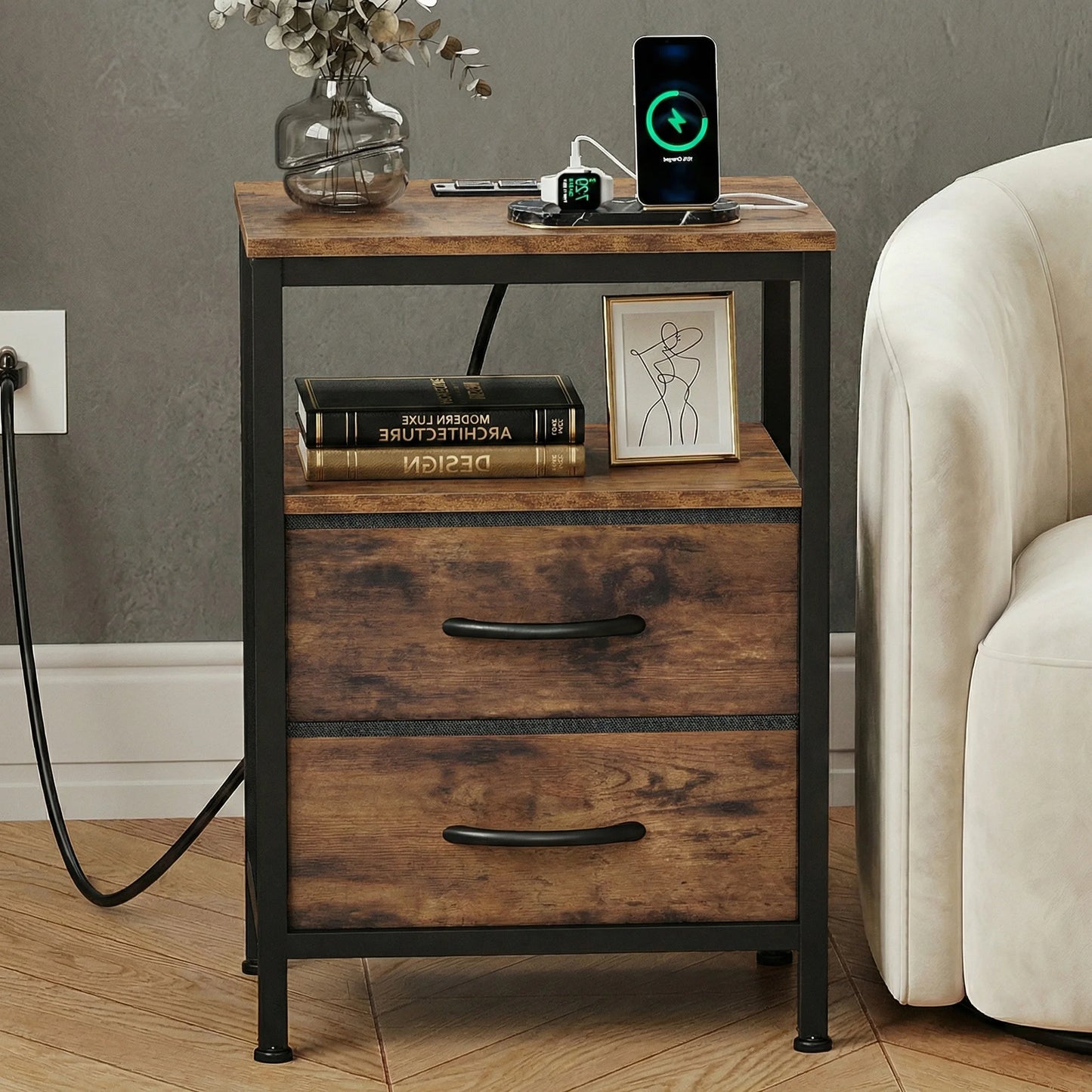 JHK Two-Drawer Fabric Nightstands With USB Ports Set Of 2