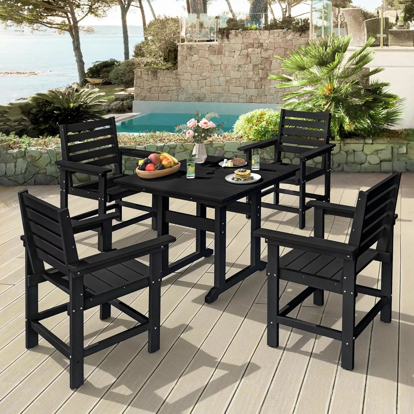 5 Piece Weather Resistant Outdoor Patio Dining Set With Umbrella And Cushions