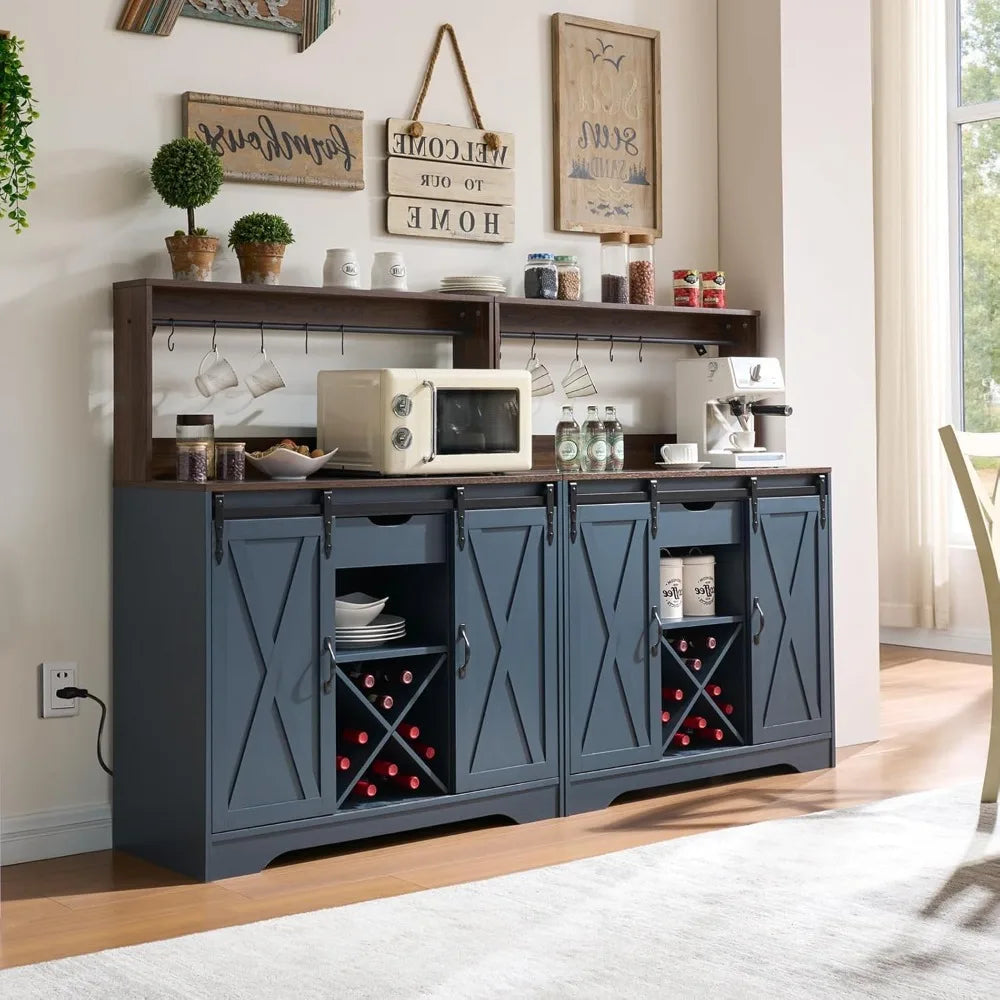 Farmhouse Coffee Bar Cabinet With USB Charging Station