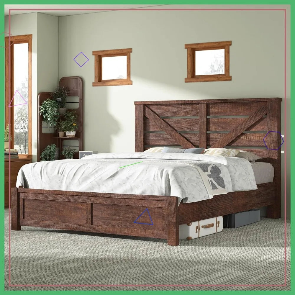 Farmhouse Bed Frame With Barn Door Headboard And Storage