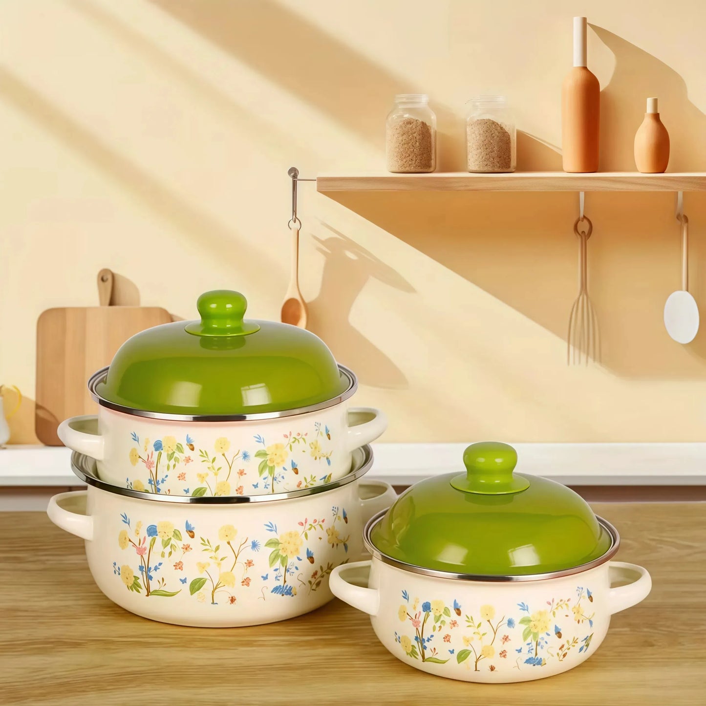 Three Piece Vintage Enamel Stock Pot Set With Lids