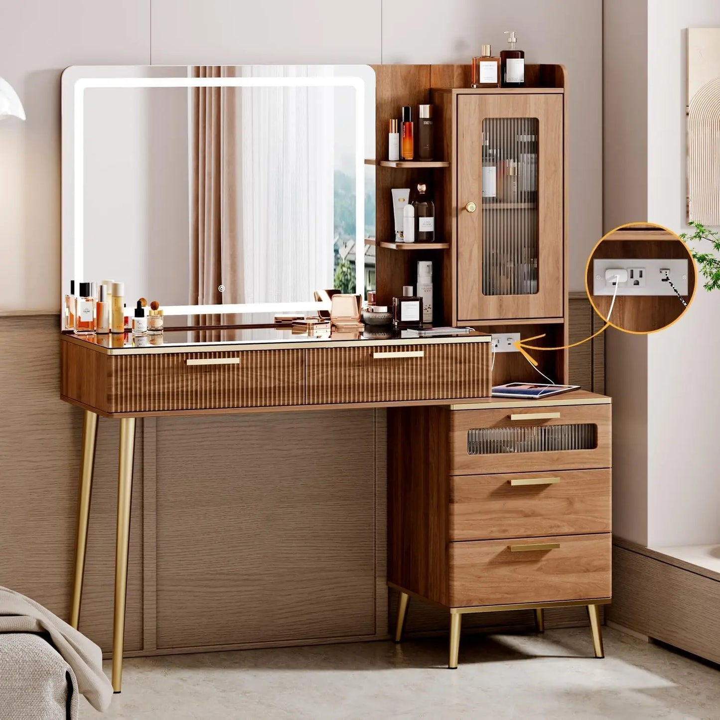 Modern Makeup Vanity Desk With Lighted Mirror And Storage