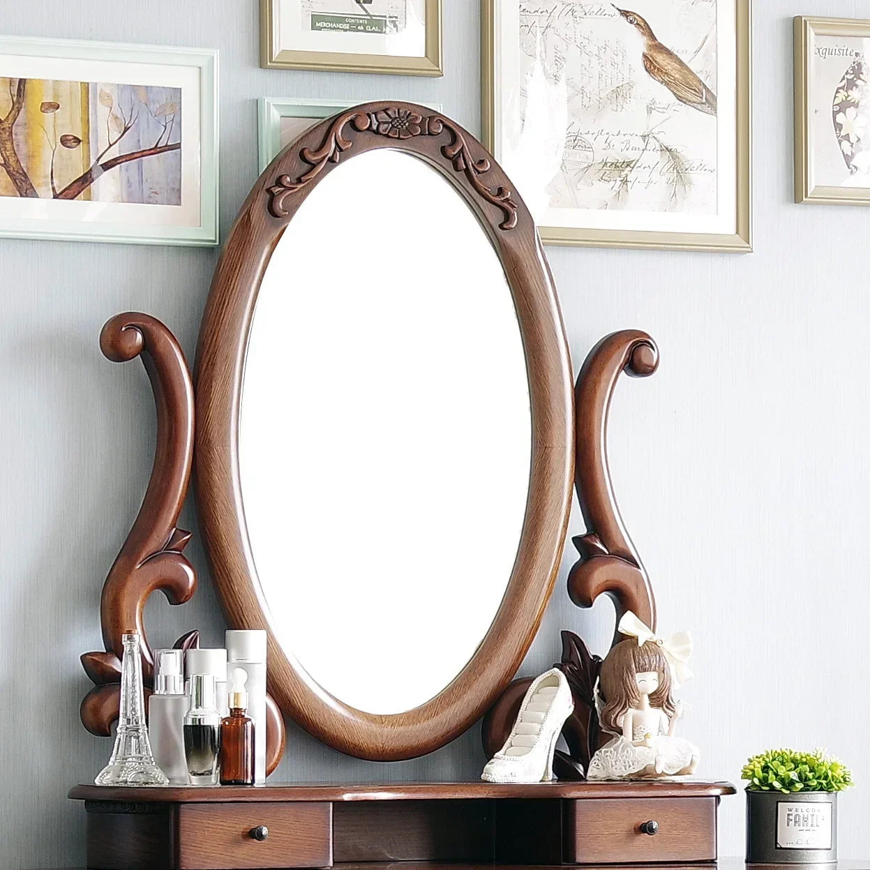 Mirror Table Bedroom European Solid Wood Dresser Amercia Princess Furniture Dark Villa Luxury Carved Makeup Table Dressing Table