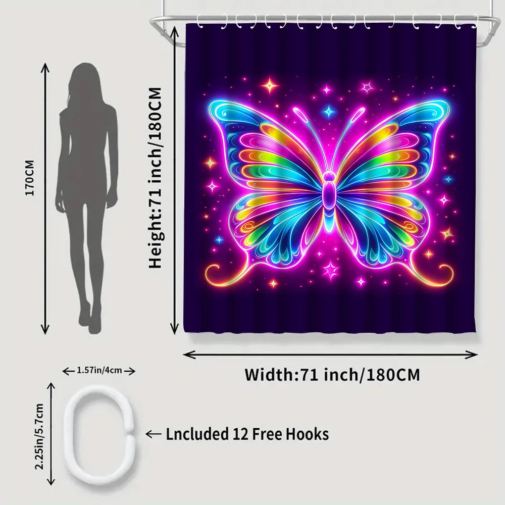 Colorful Butterfly Shower Curtain With Carpet And Toilet Lid
