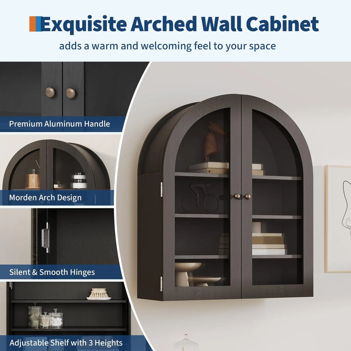 Arched Bathroom Wall Cabinet, Wall Mounted Display Cabinet with Glass Doors & Adjustable Shelves, Medicine Cabinet for Living Room Kitchen