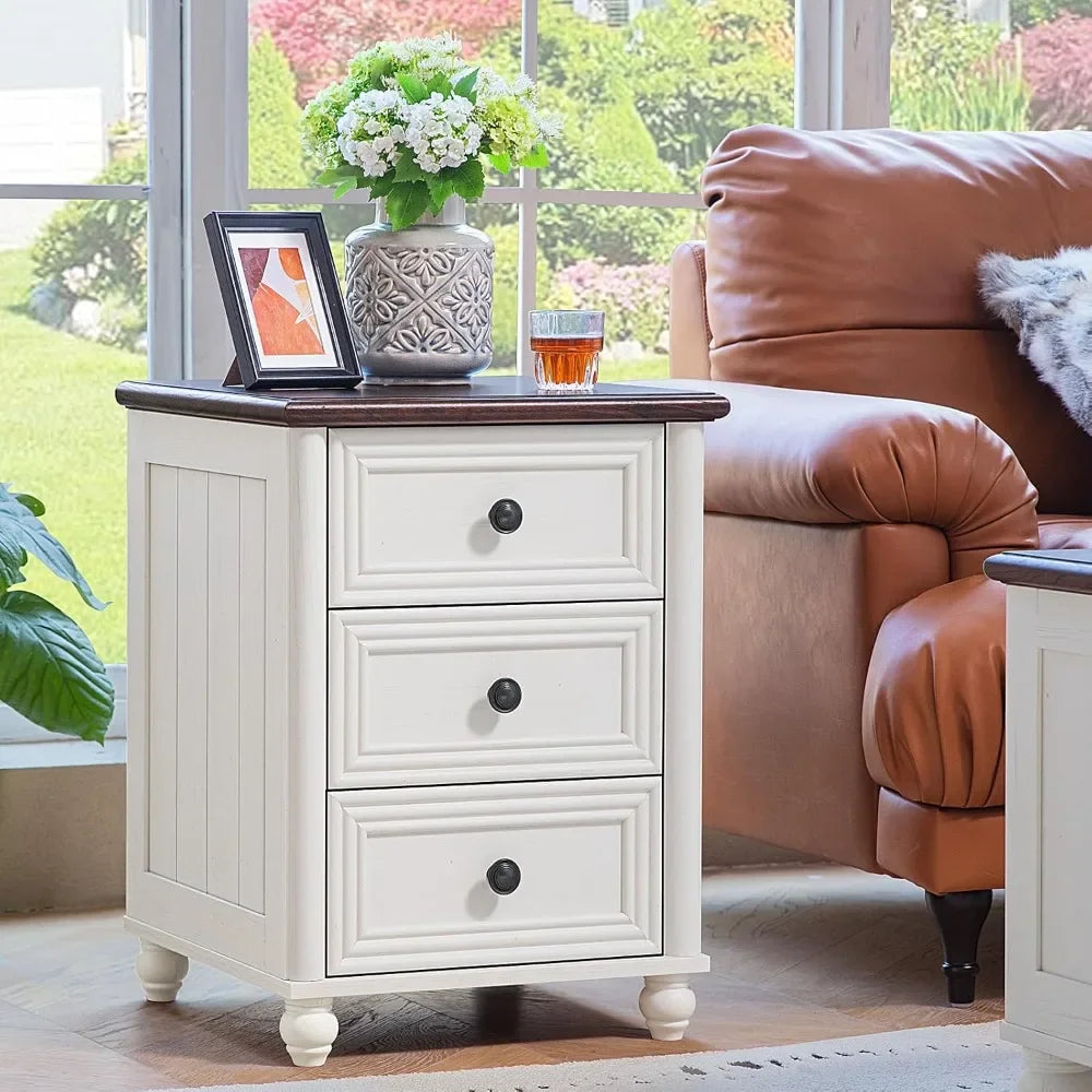 Farmhouse Nightstand Set of 2, White Wood Bedside Table with 3 Drawers and Roman Column Legs for Bedroom Storage