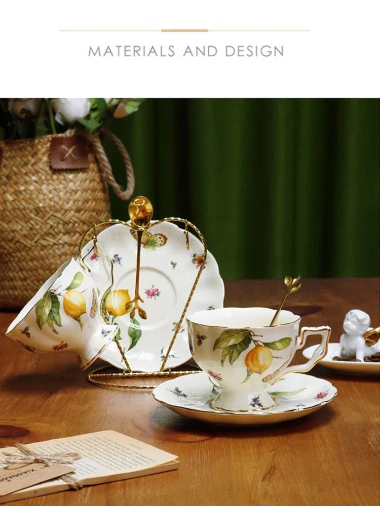 European Ceramics Coffee Cup and Saucer Teapot Elegant Lemon Pattern Creative Afternoon Tea Teaware Set with Dessert Spoon Gift