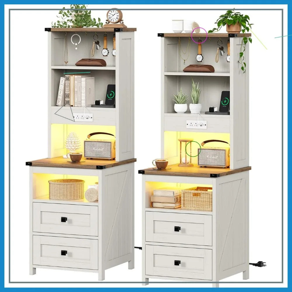 Farmhouse Nightstand Set Of 2 With Charging Station