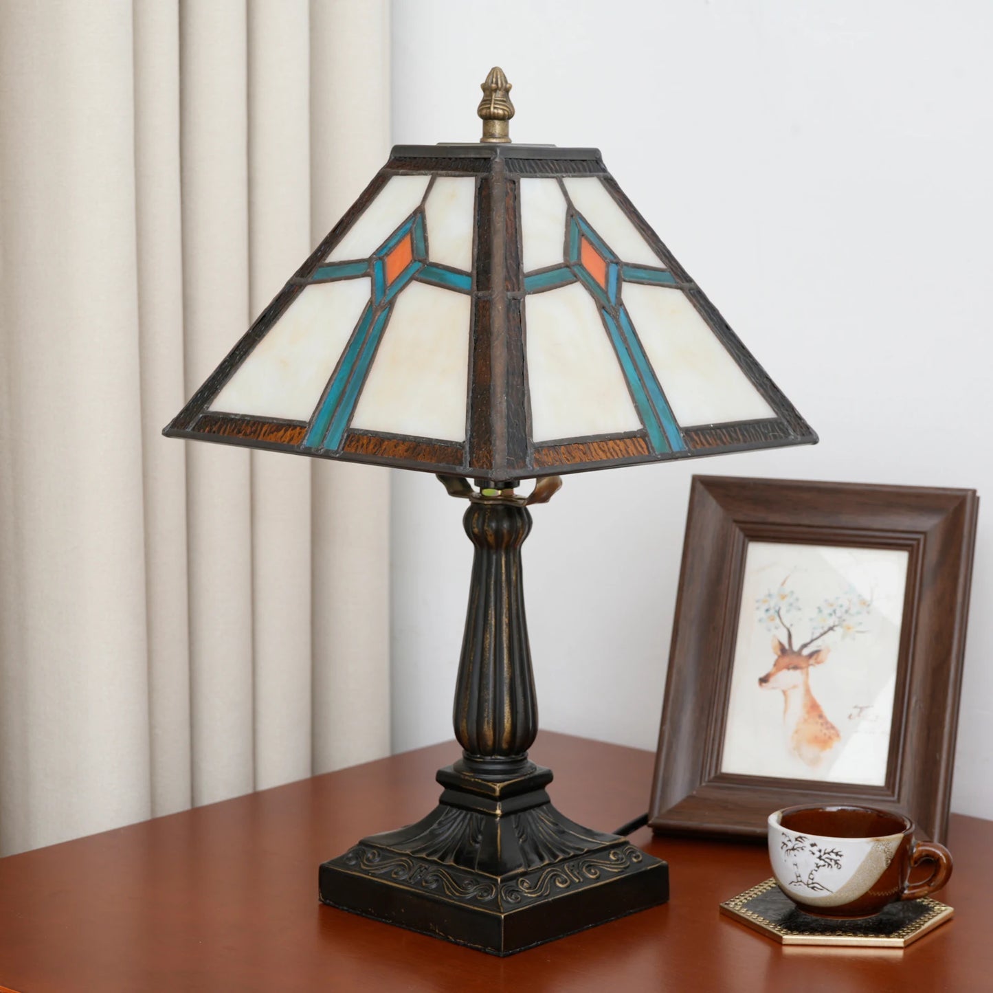 Mission Style Stained Glass Table Light Yellow Antique Desk Lamp Vintage Beside Reading Lamp for Home Living Room Bedroom Office