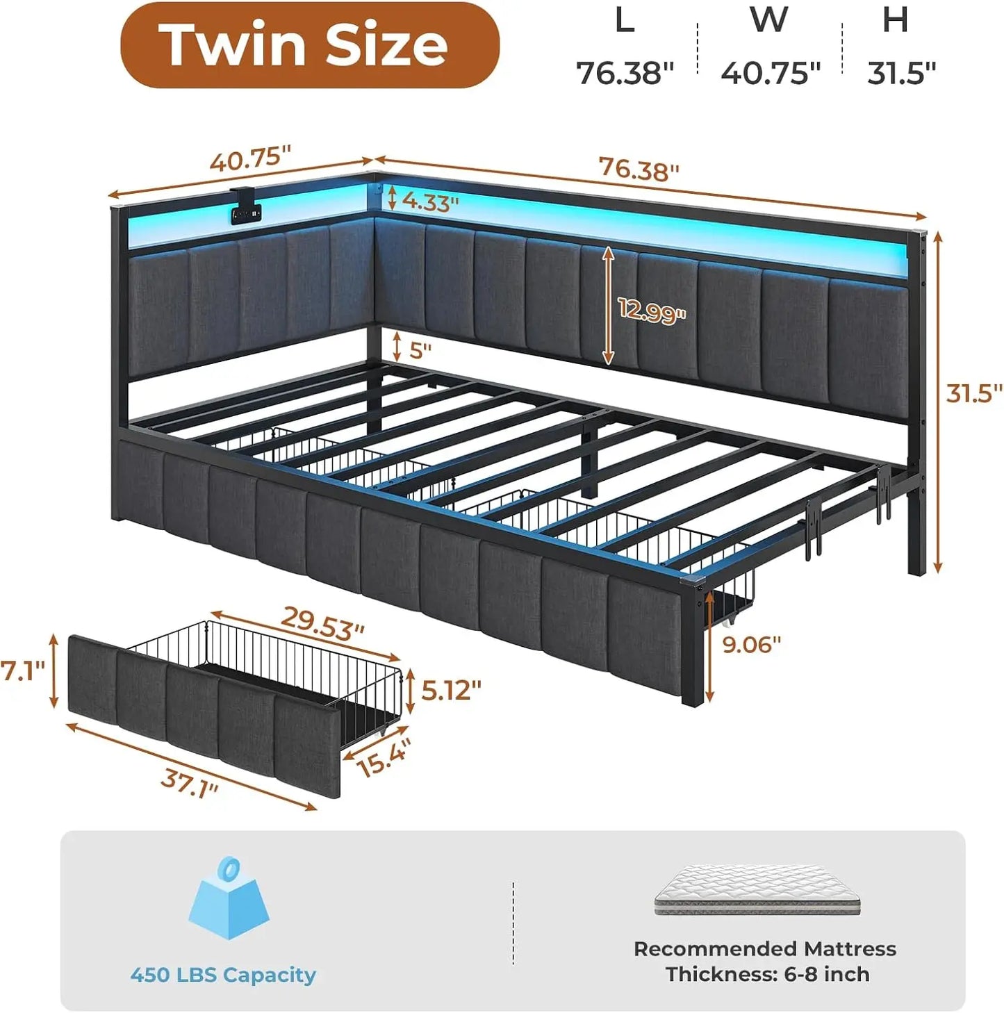 DICTAC Twin Corner Bed Frame with 2 Storage Drawers and Charging Station Twin Bed Frames with Storage and Led Lights Twin Size D
