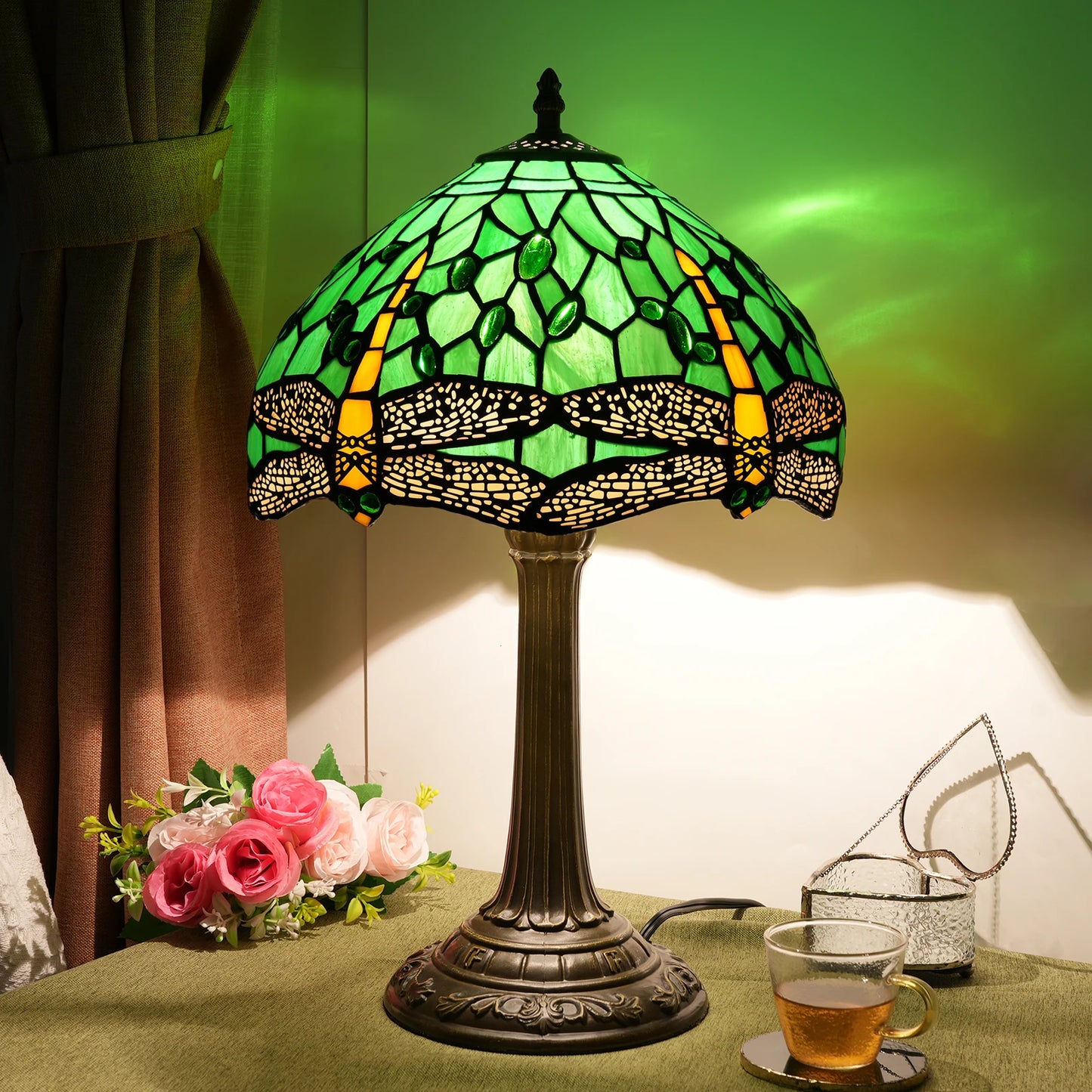 Dragonfly Stained Glass Table Lamp Retro Desk Reading Light Decor