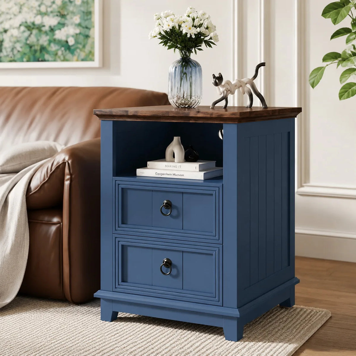Modern Wood Nightstand With USB Charging Station And Two Drawers