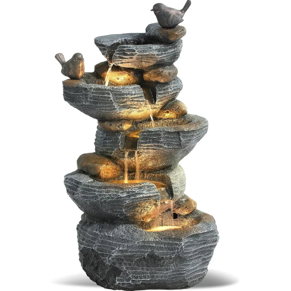 Outdoor 5-Tier Cascading Rock Water Fountain With LED Lights