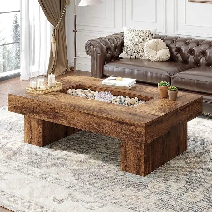 XIUWO Rustic Wood Coffee Table With Storage LED Light