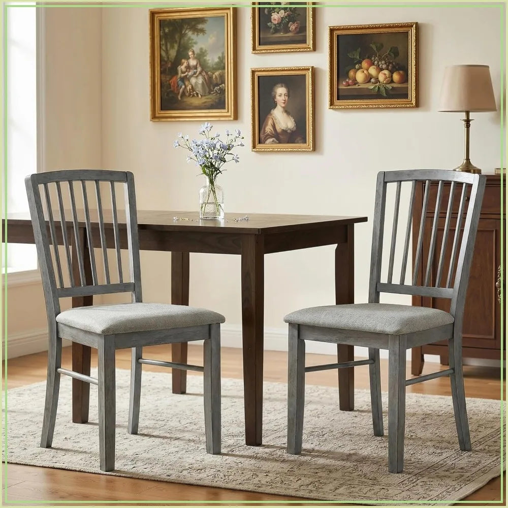 Farmhouse Dining Chairs Set of 2, Upholstered Linen Kitchen Chairs with Rubberwood Legs, Rustic Gray