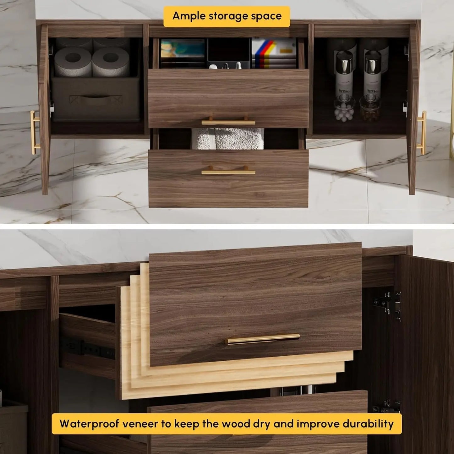 39.4" Floating Bathroom Vanity Sintered Stone Top 2 Drawer Cabinet Undermount Ceramic Sink Walnut Customized