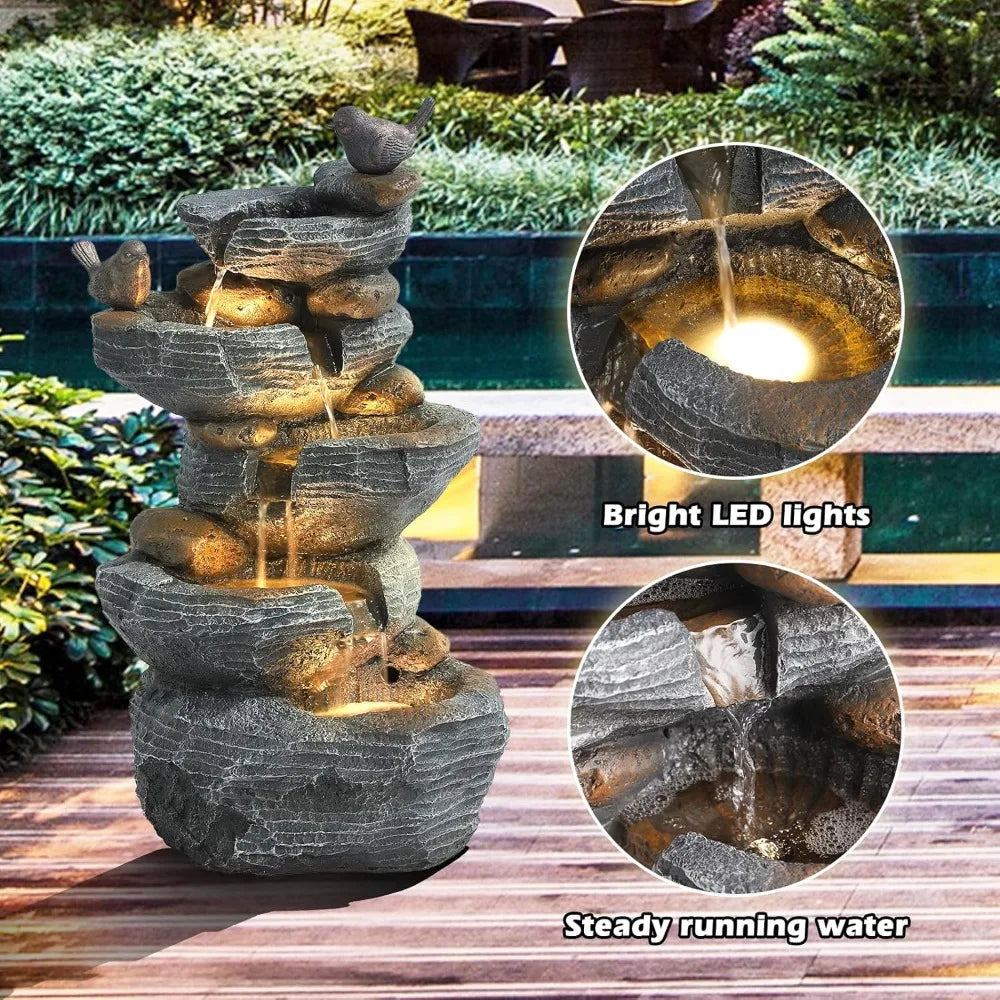 Outdoor 5-Tier Cascading Rock Water Fountain With LED Lights