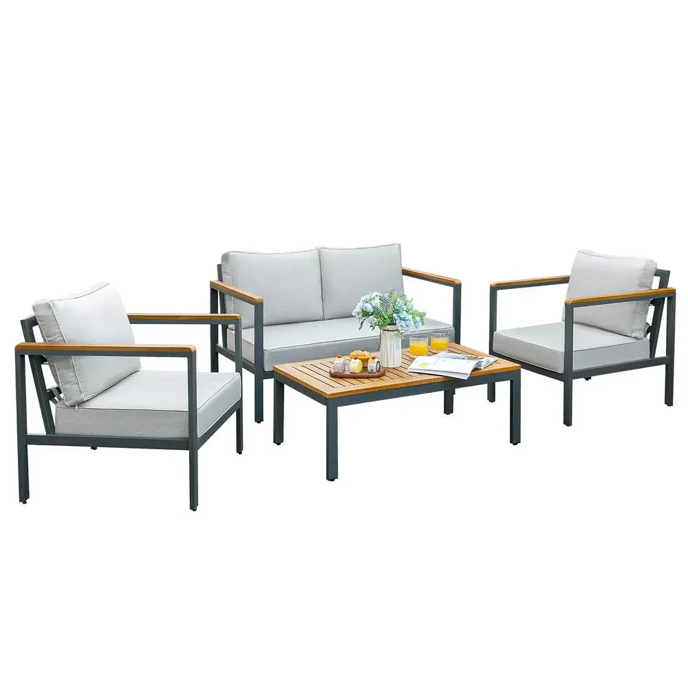 4 Pieces Patio Furniture Sets Outdoor Conversation Set Acacia Wood Sofa Set with Coffee Table Thicker Sponge Cushion
