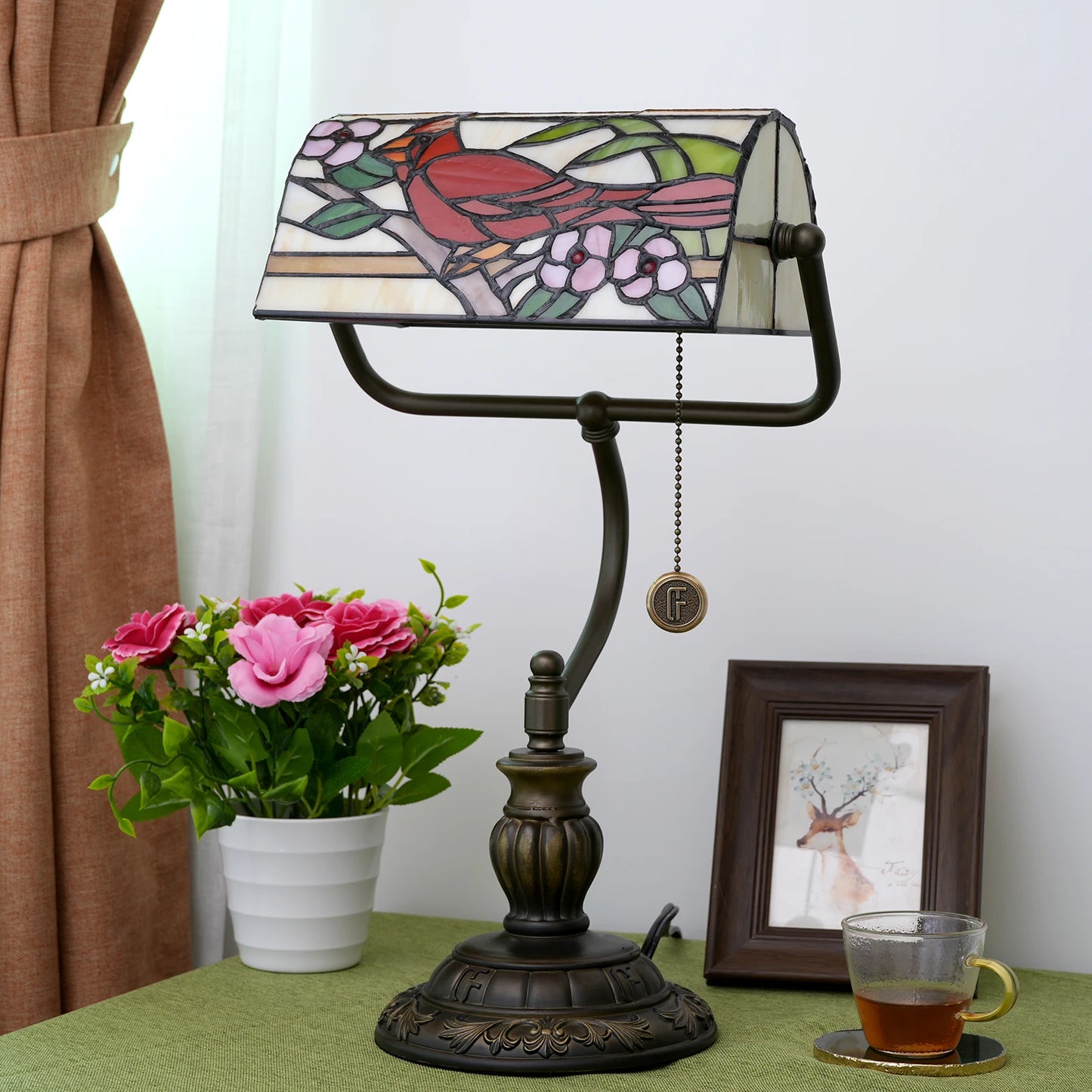 Creative Plug-in Table Lamp Stained Glass Banker Lamp with Zipper Switch Living Room Bedroom Bedside Sofa Library Table Lamp